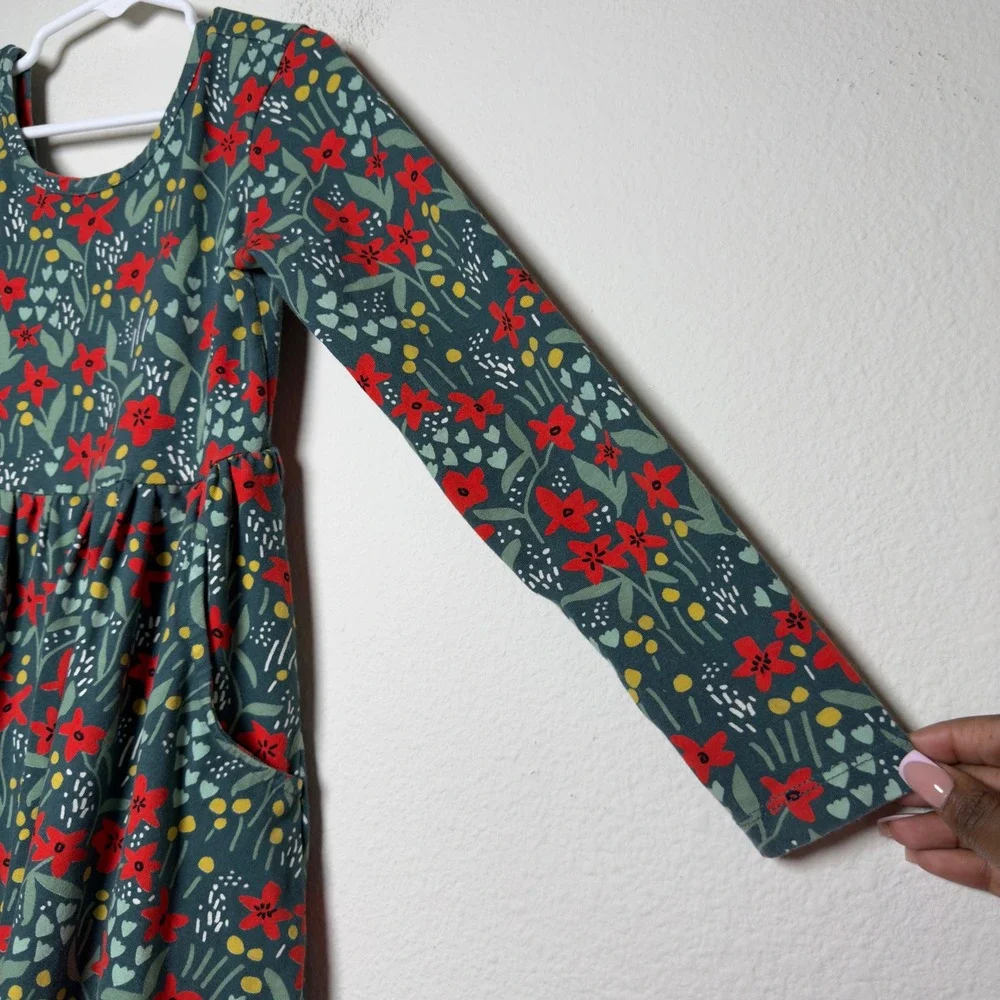 Hanna Andersson Girls Cotton Dress Size 6-7 Green Red Floral Christmas Holiday